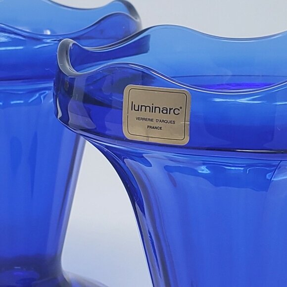 Luminarc French Cobalt Blue Glass Parfait Ice Cream Cup Lot 4 Scalloped VTG - Picture 10 of 10